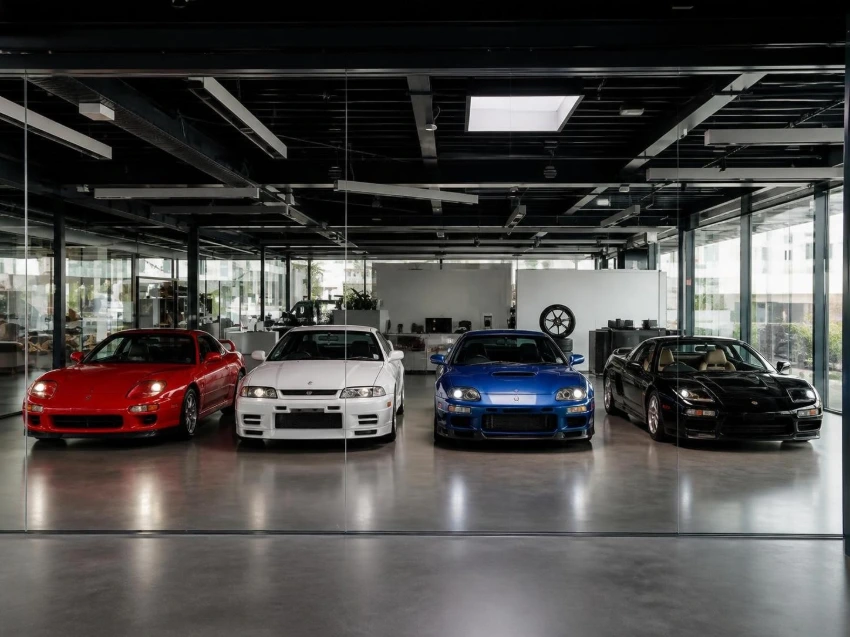 AI Generated JDM car lineup in modern Japan export showroom